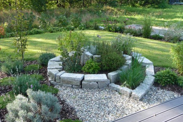 Professionell angelegte Gartenanlage mit Natursteinbeet und strukturierter Bepflanzung